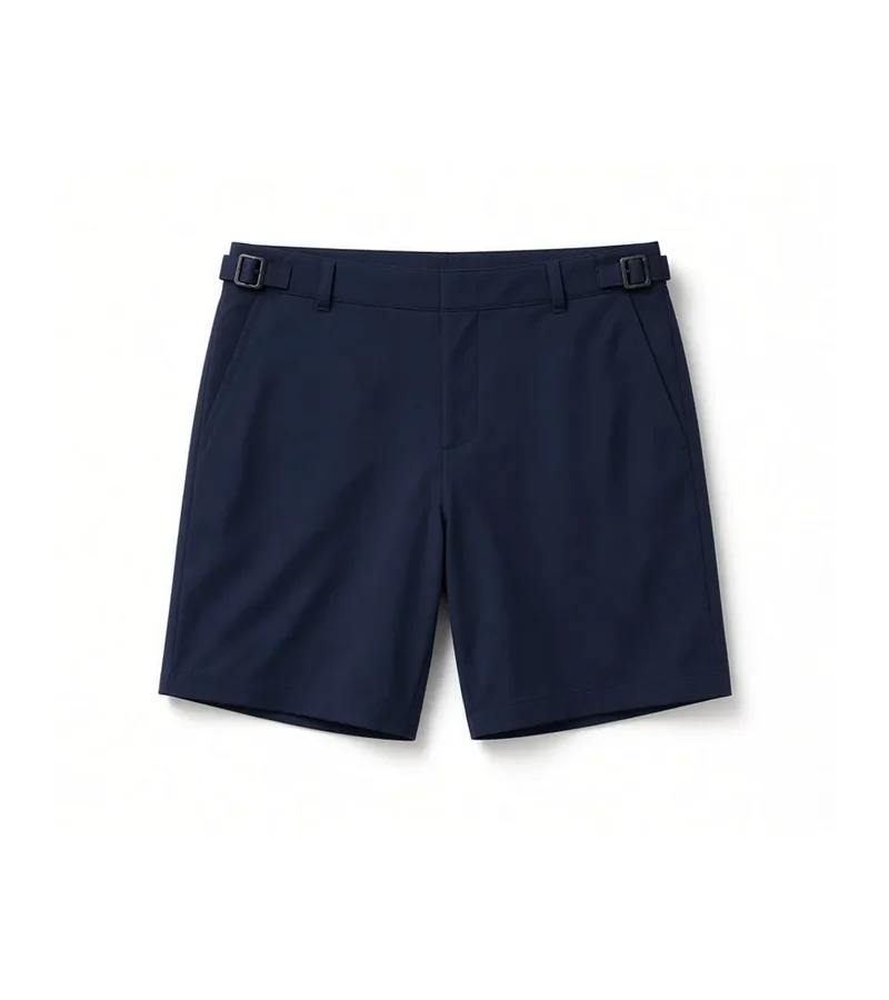 Navy tailored swim shorts on white