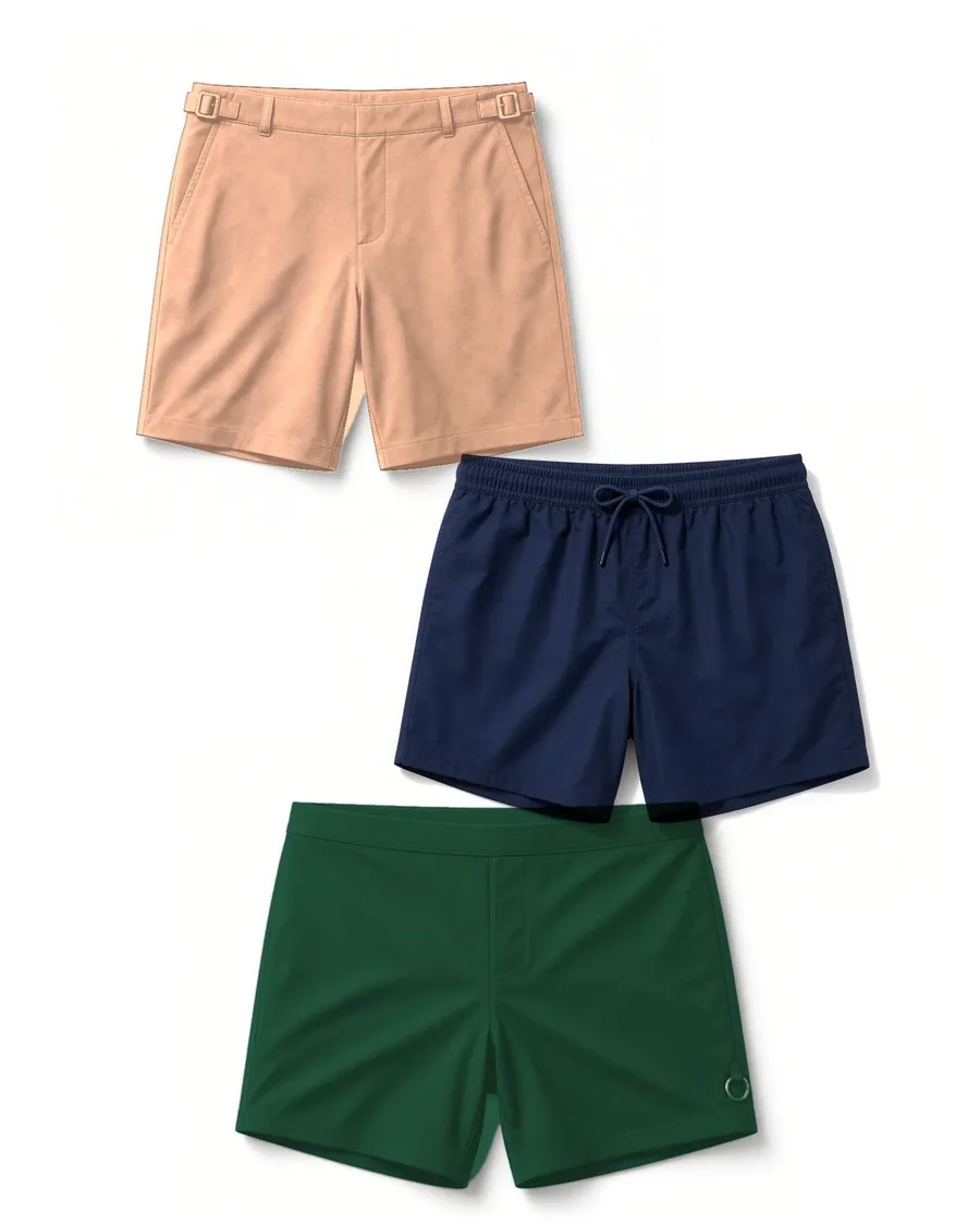 Peach tailored, navy classic and dark green short swim shorts laid flat on white